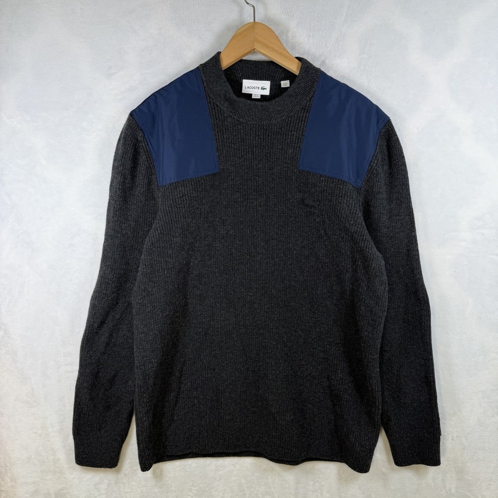 Lacoste Gray Sweatshirt Commando Wool Ribbed Crewneck Shoulder Patches Men's 2XL